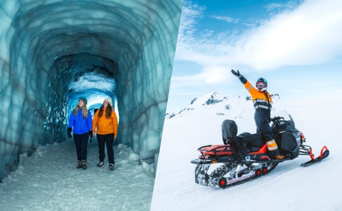 Two friends walking through Langjokull ice tunnel, split image with snowmobiling at Langjokull glacier.