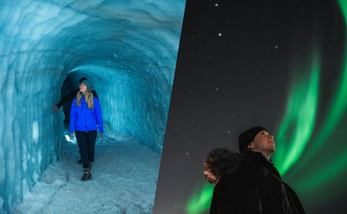In the ice tunnel and northern lights.
