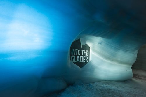 Into the Glacier logo from inside ice tunnel, Langjokull