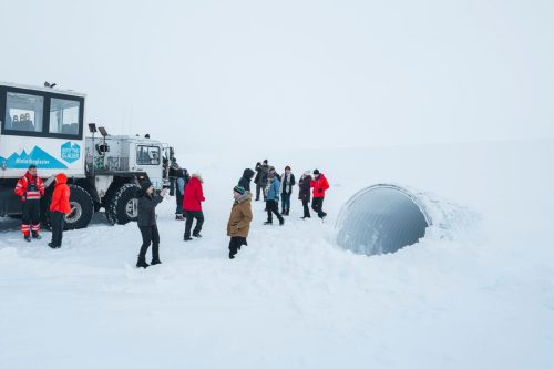 Tour group at entrance to ice tunnel in Langjokull