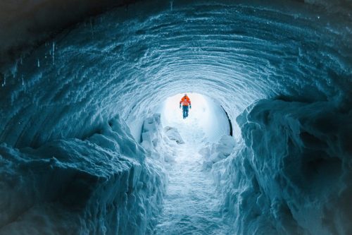 Langjokull Tunnel entrance amongst snow